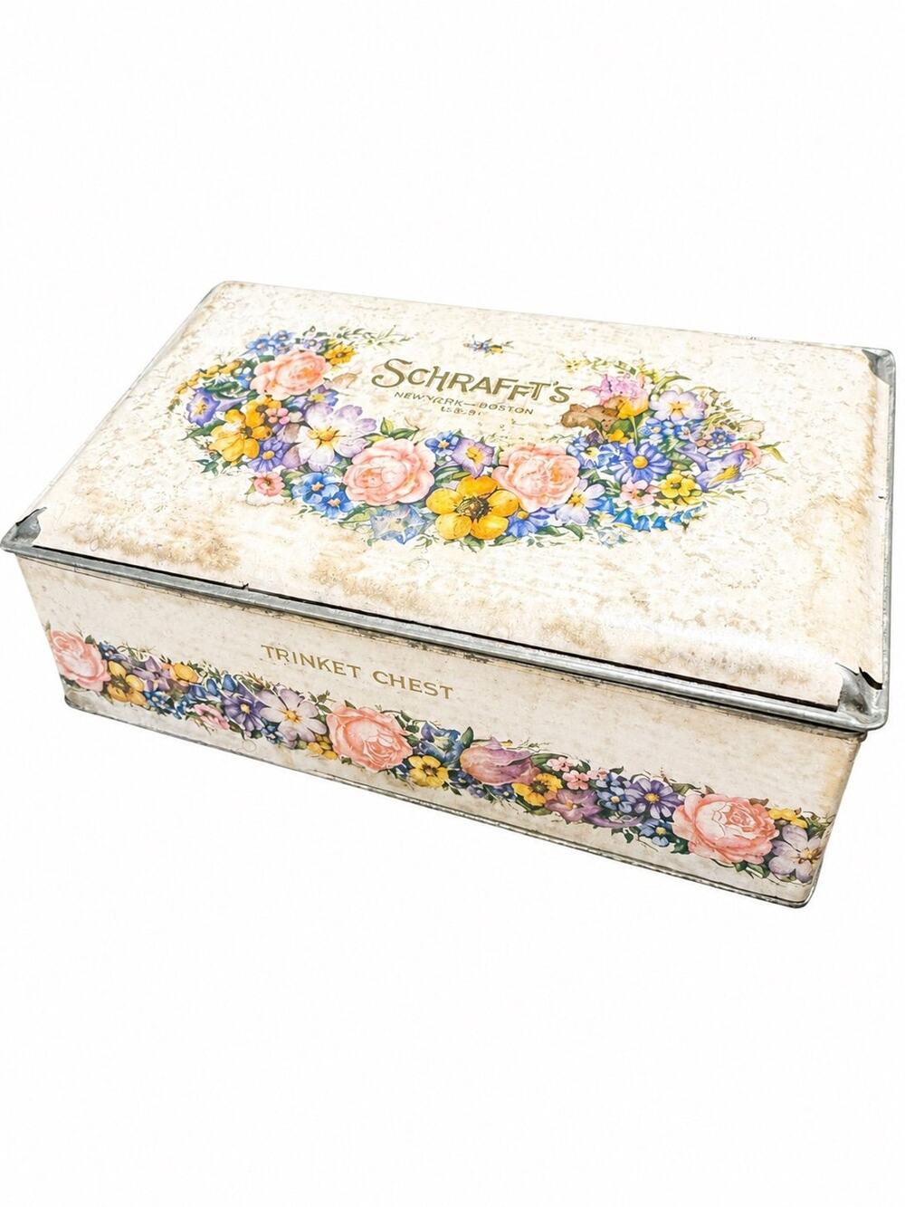 Vintage Schrafft’s Floral Trinket Chest Tin Box